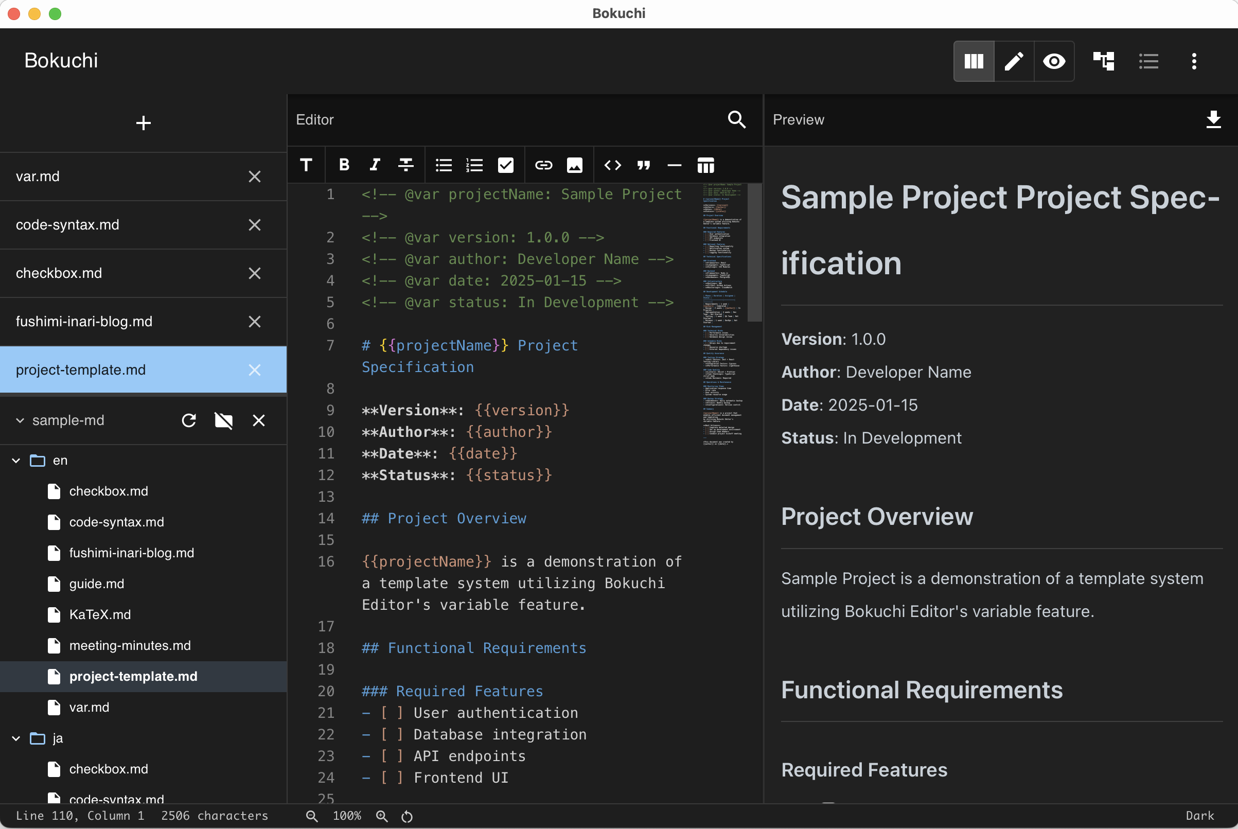 Split view showing editor on the left and preview on the right