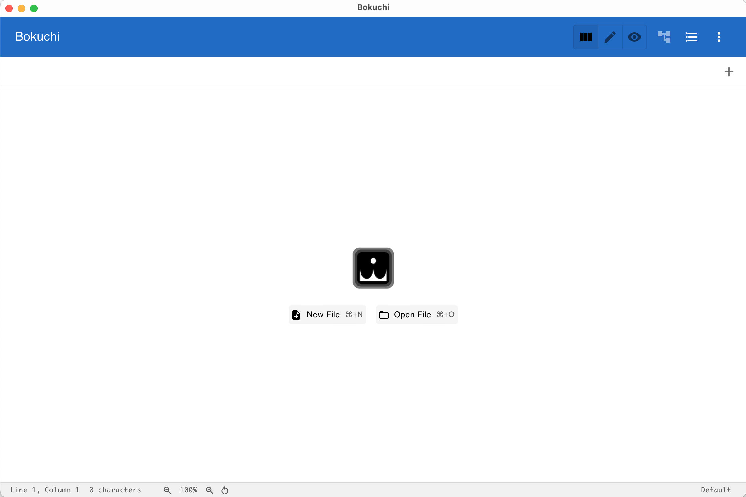 Bokuchi first launch — empty state with New File and Open File buttons