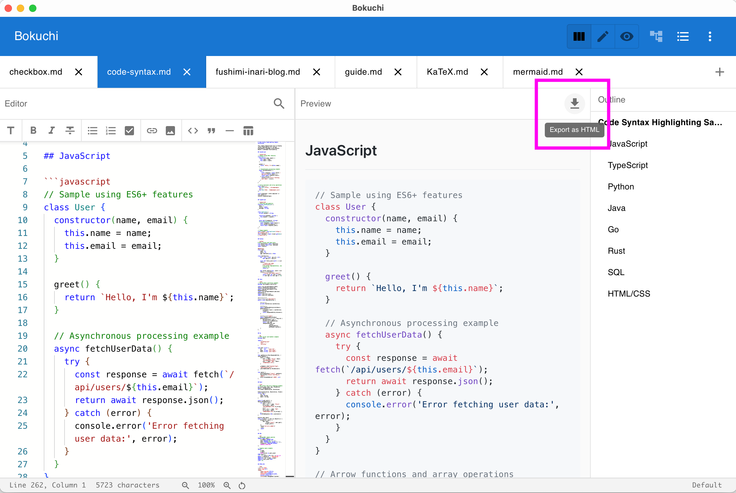 Download button in the preview panel header for quick HTML export