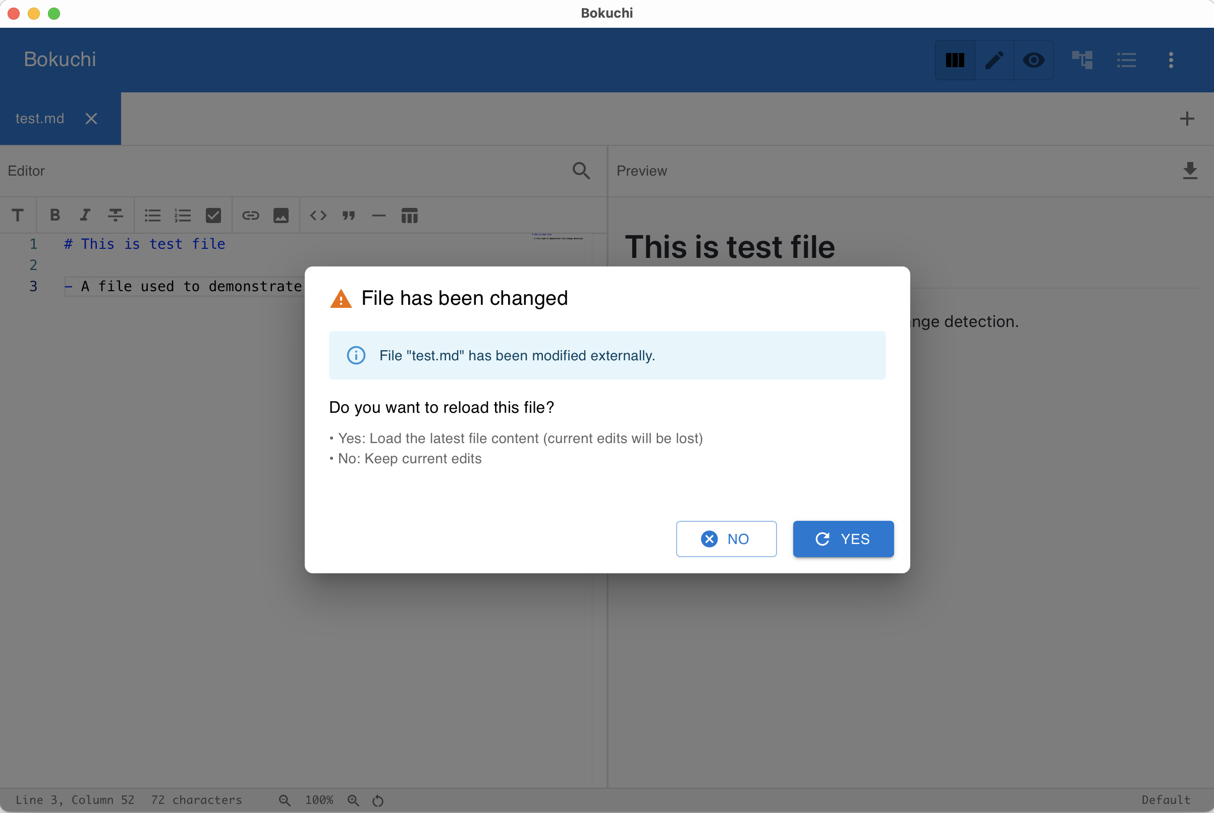 File change detection dialog asking whether to reload