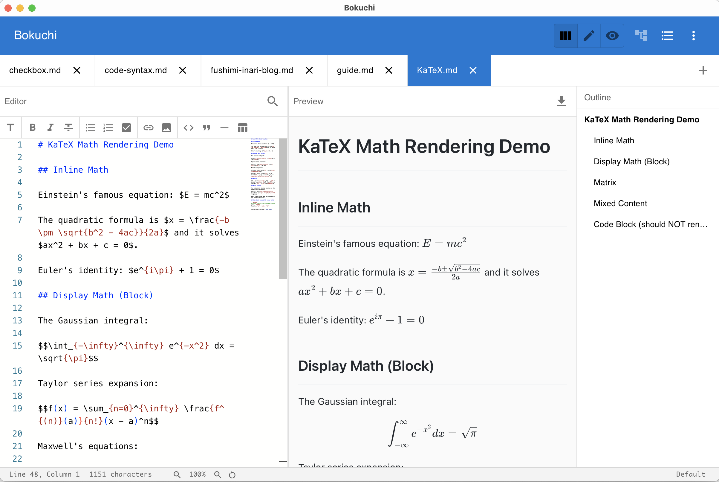 KaTeX math expressions rendered in the preview