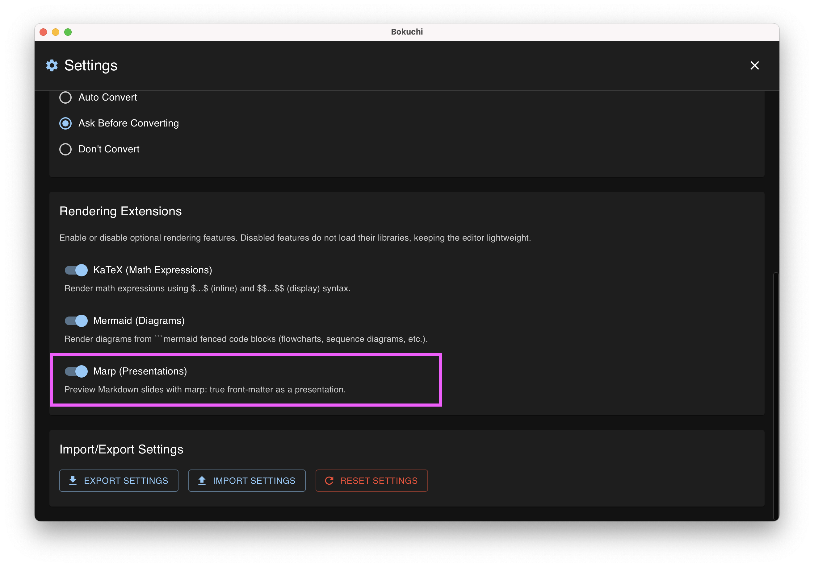 The Bokuchi Settings screen with the Marp (Presentations) toggle turned on under Rendering Extensions