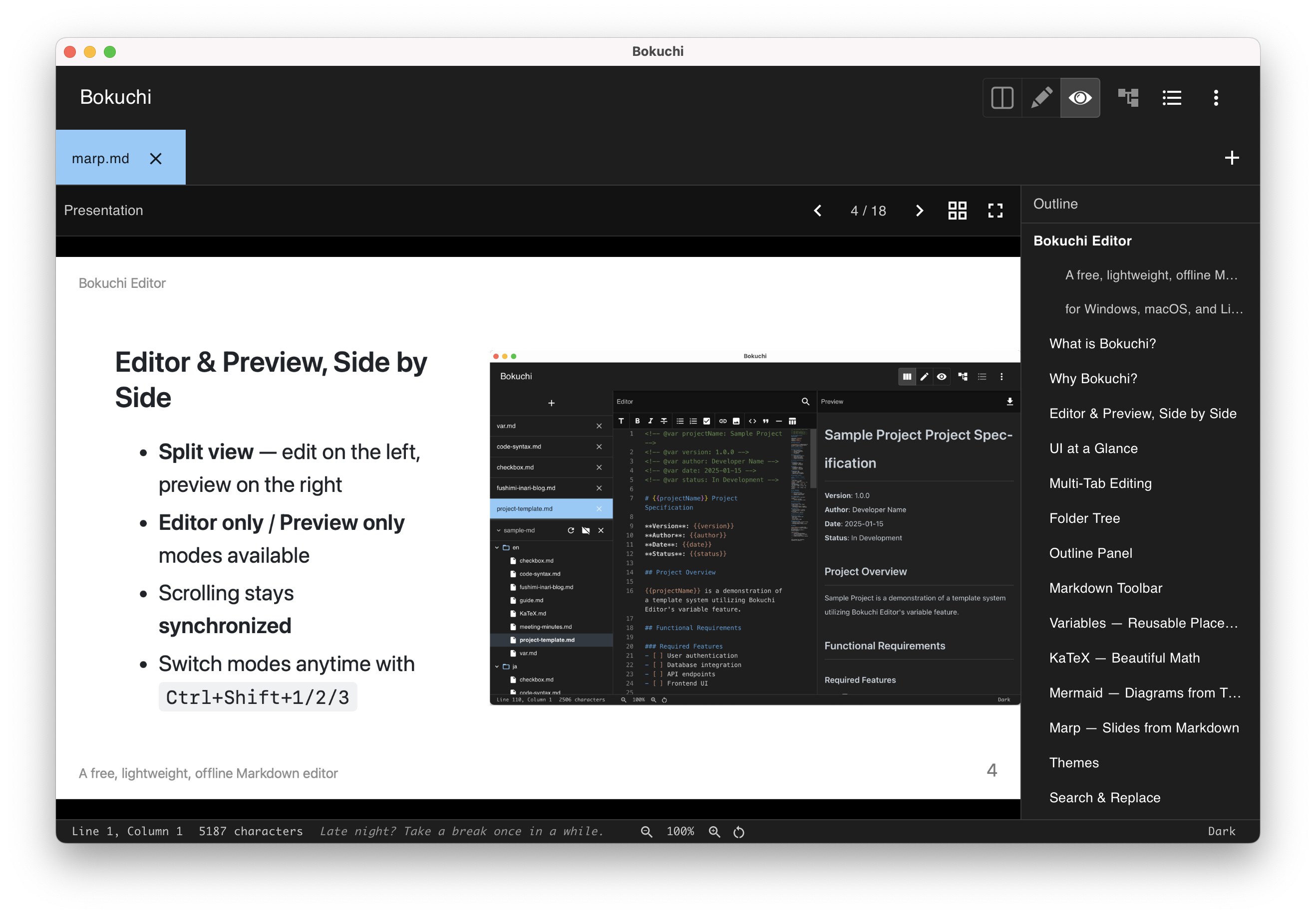 Preview Only mode showing a single Marp slide with navigation arrows and a slide counter
