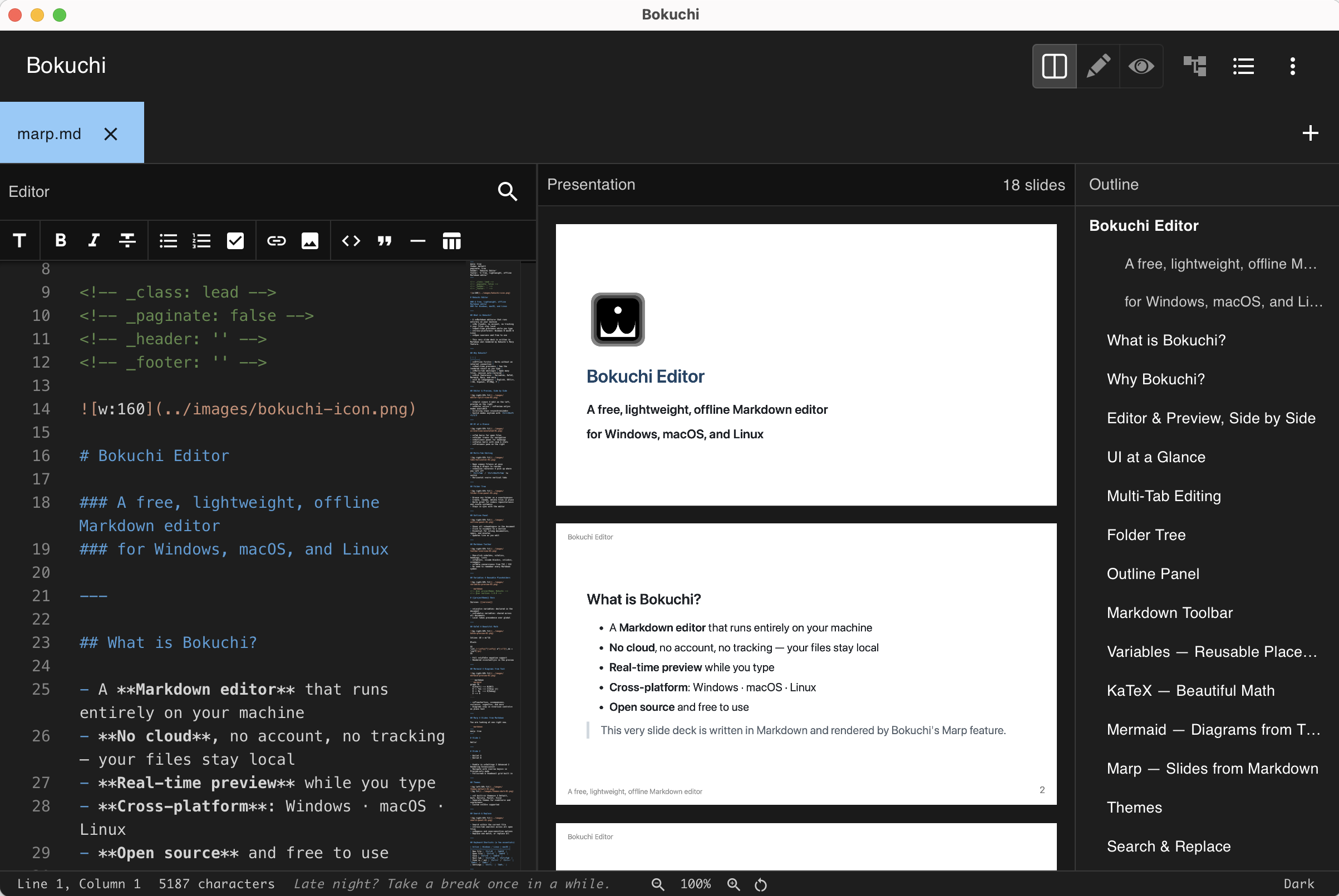 A Marp presentation in Bokuchi — Markdown in the editor on the left, rendered slides in the center, and the outline panel on the right
