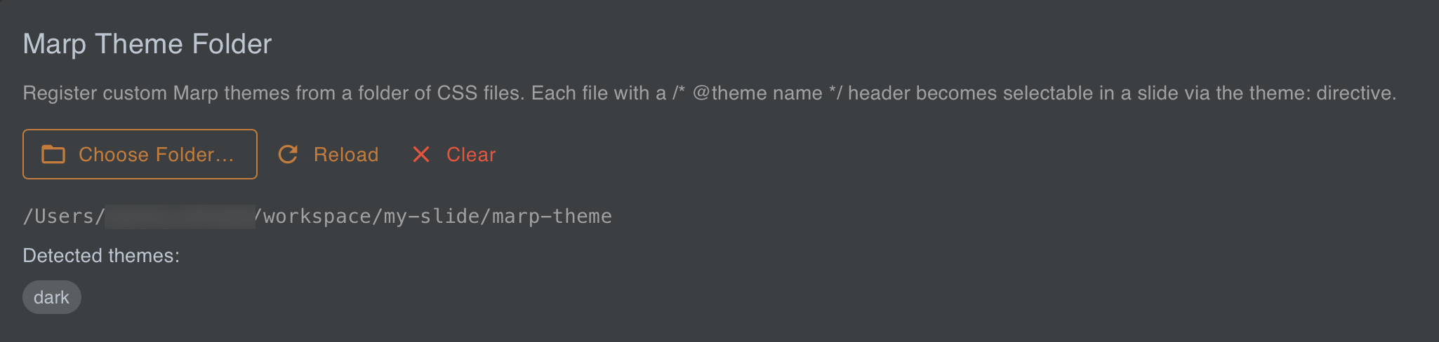 The Marp Theme Folder card in Settings > Advanced, with the Choose Folder / Reload / Clear buttons and a list of detected theme names