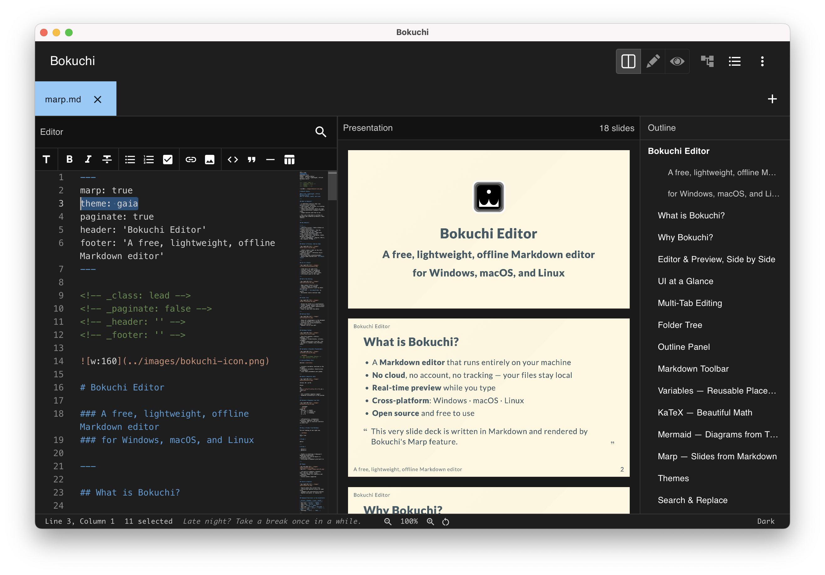 A Marp presentation rendered with the gaia theme, set via theme: gaia in the front-matter