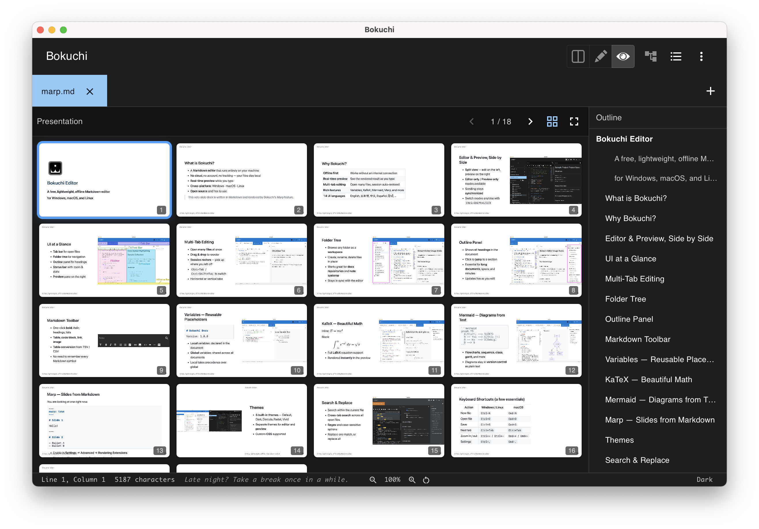 Thumbnail grid showing all slides of a Marp presentation at a glance