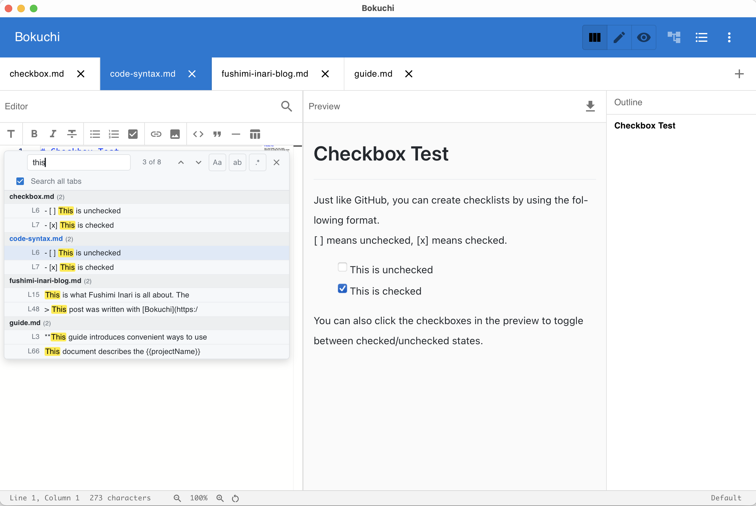 Cross-tab search showing results grouped by tab name