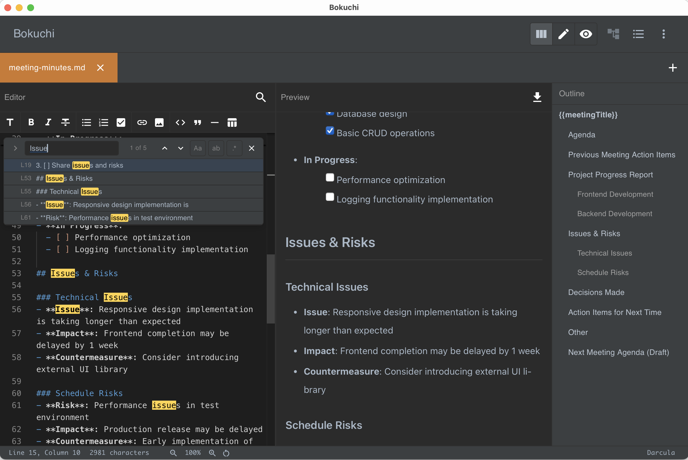 Search panel open with highlighted matches