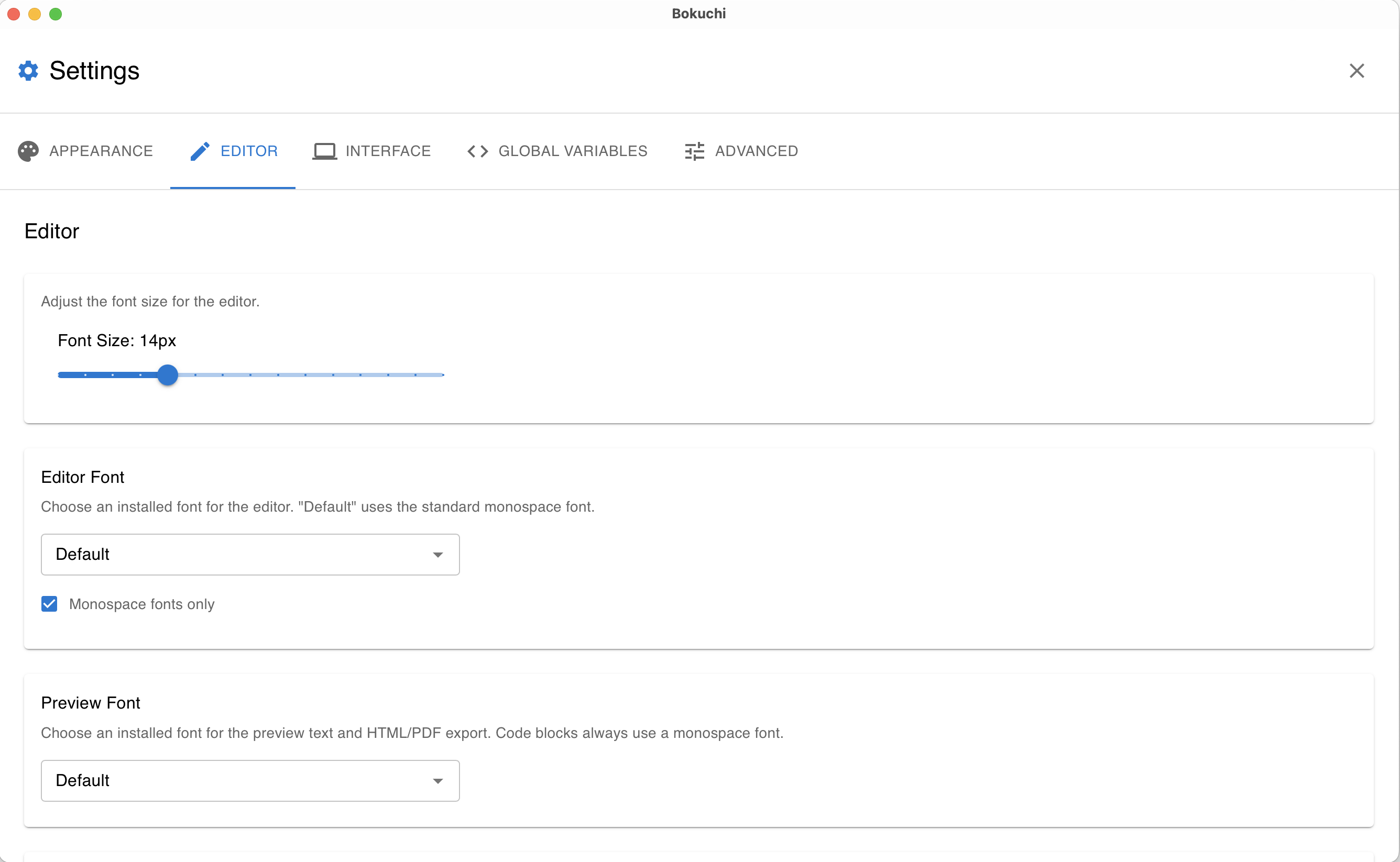 Settings panel — Editor tab