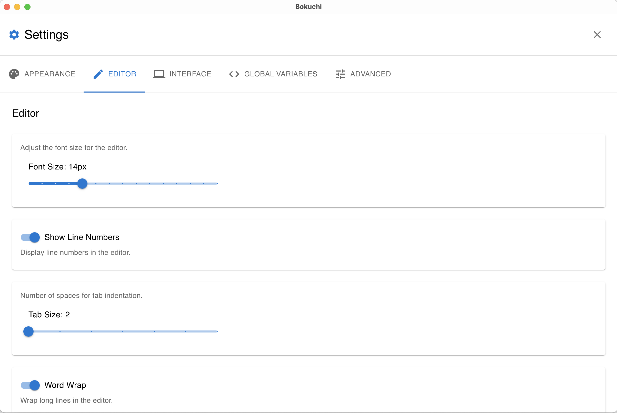 Settings panel — Editor tab