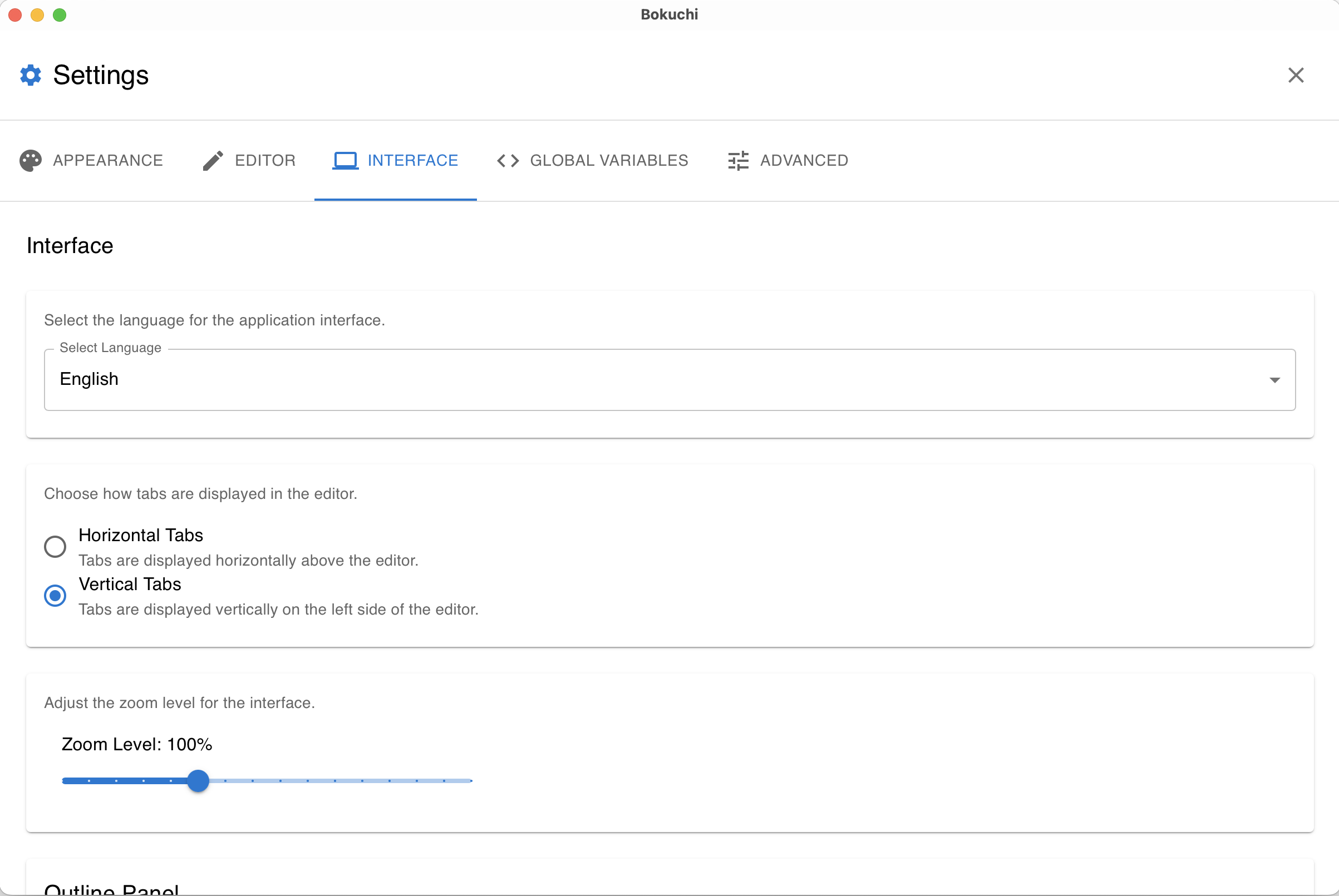 Settings panel — Interface tab