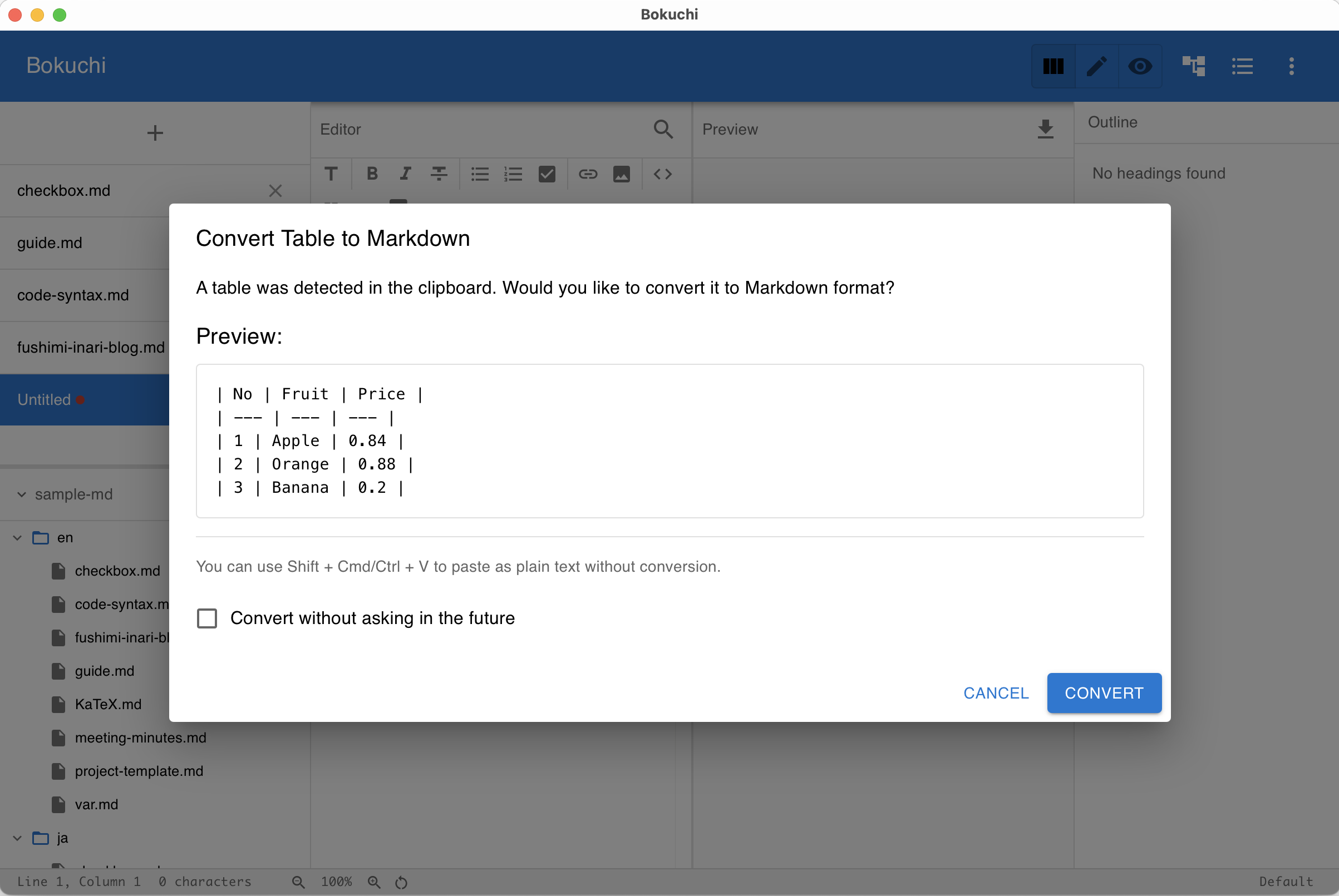 Table conversion confirm dialog showing a preview of the converted table