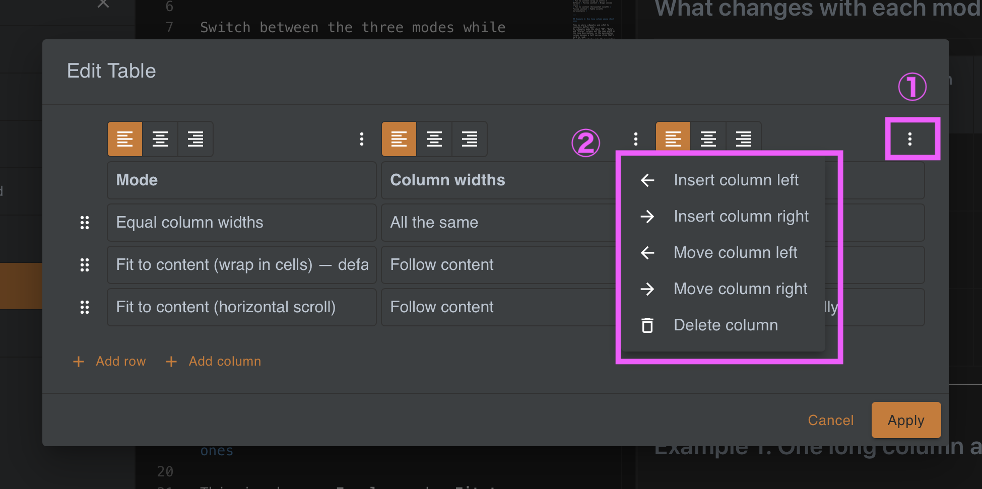 The table editor with a column action menu open — insert, move, and delete column — and the alignment buttons visible