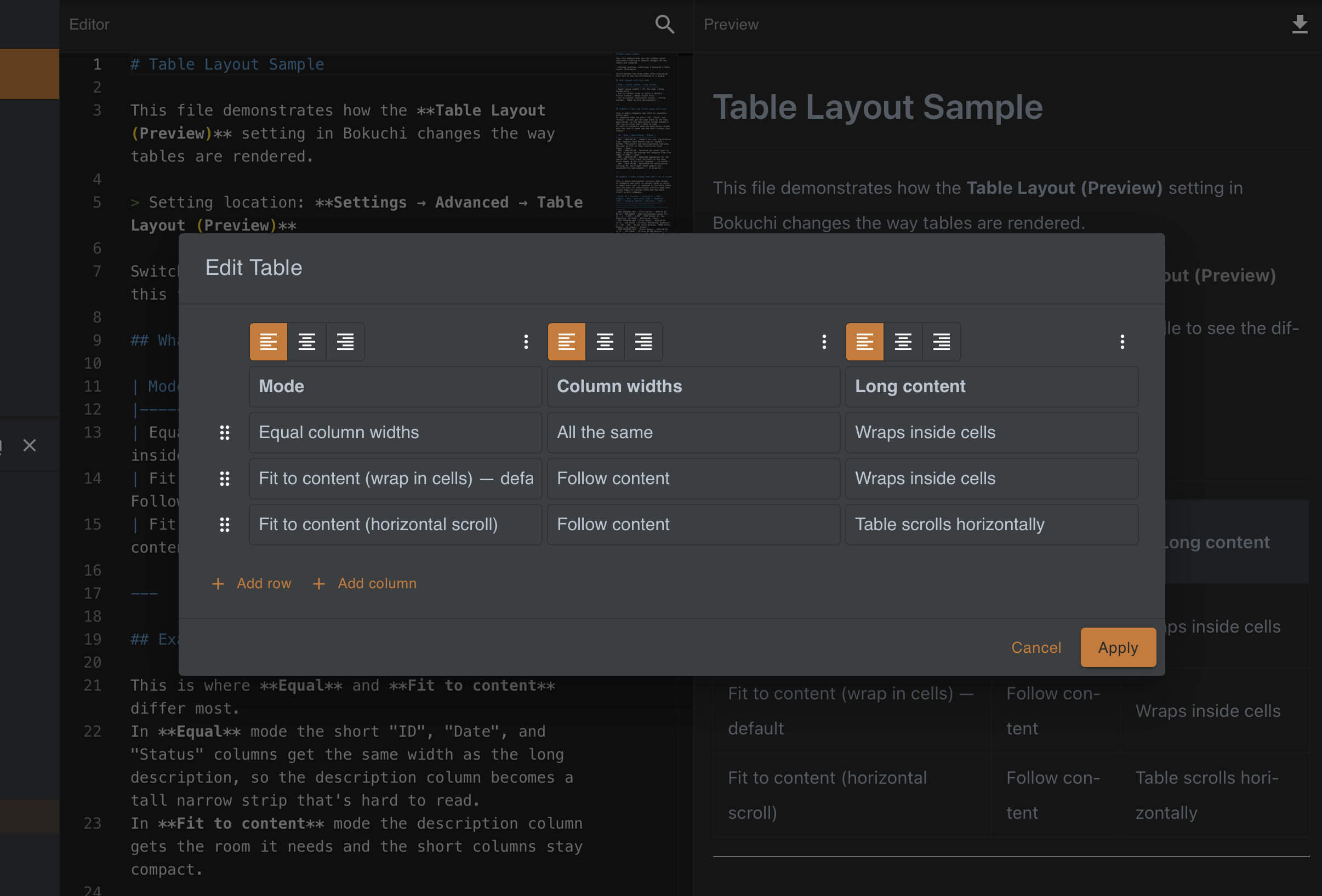 The table editor modal showing the cell grid, per-column alignment buttons, row/column action menus, and the Add row / Add column buttons