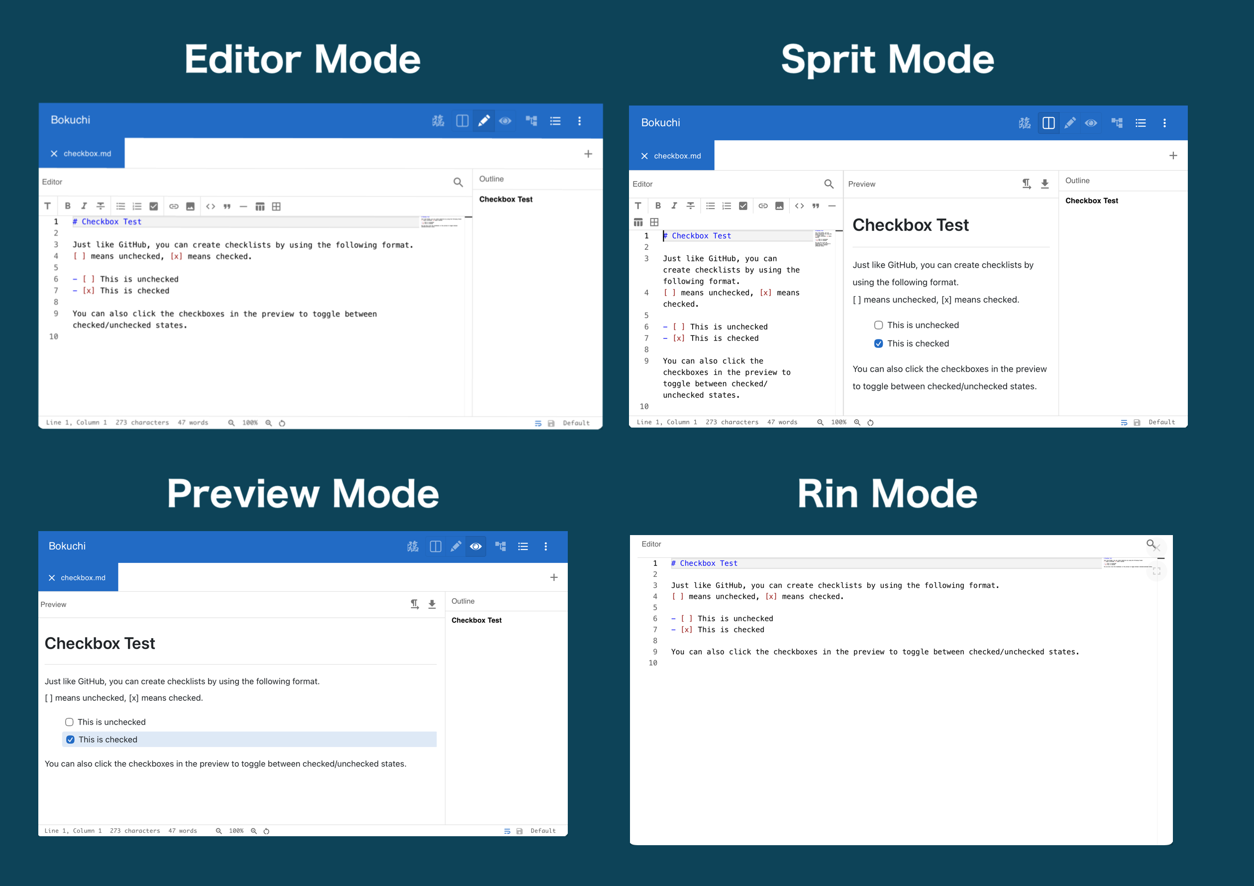 Three view modes: Edit Mode, Preview Mode, and Split View