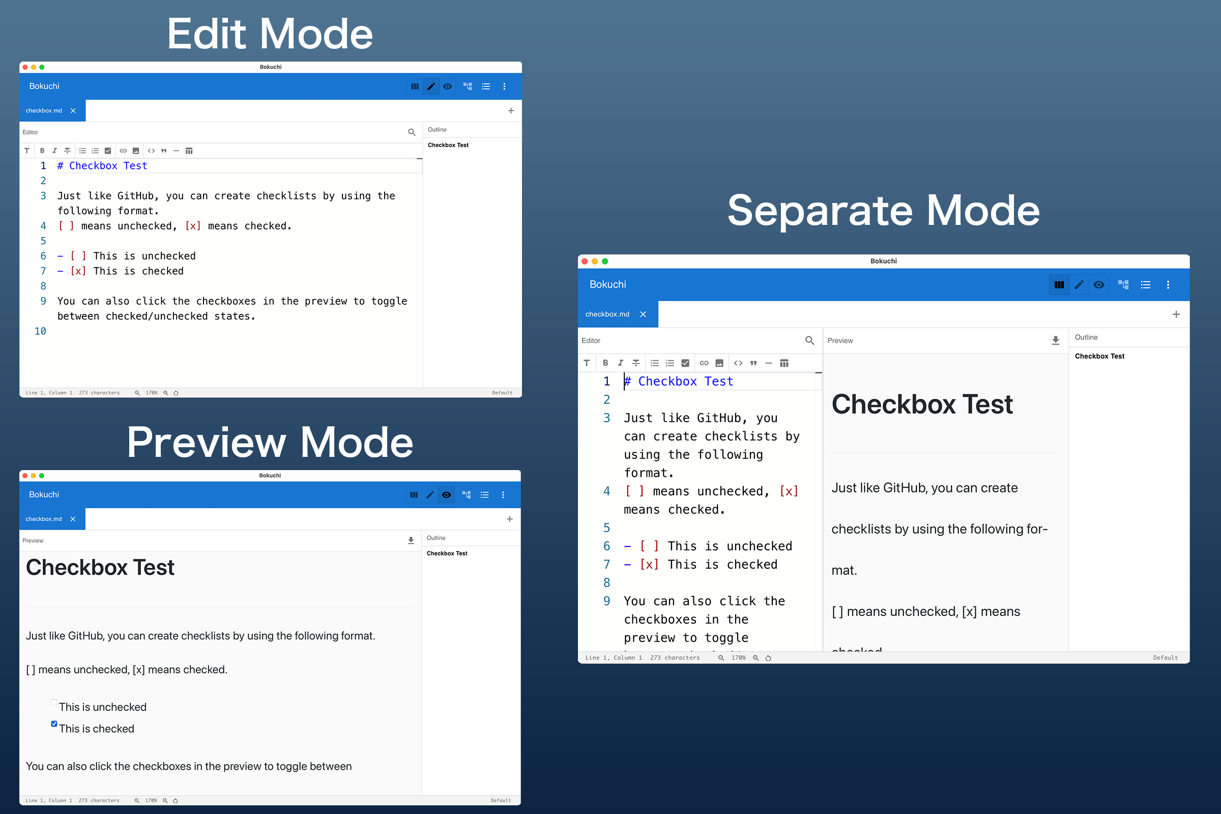 Three view modes: Edit Mode, Preview Mode, and Split View
