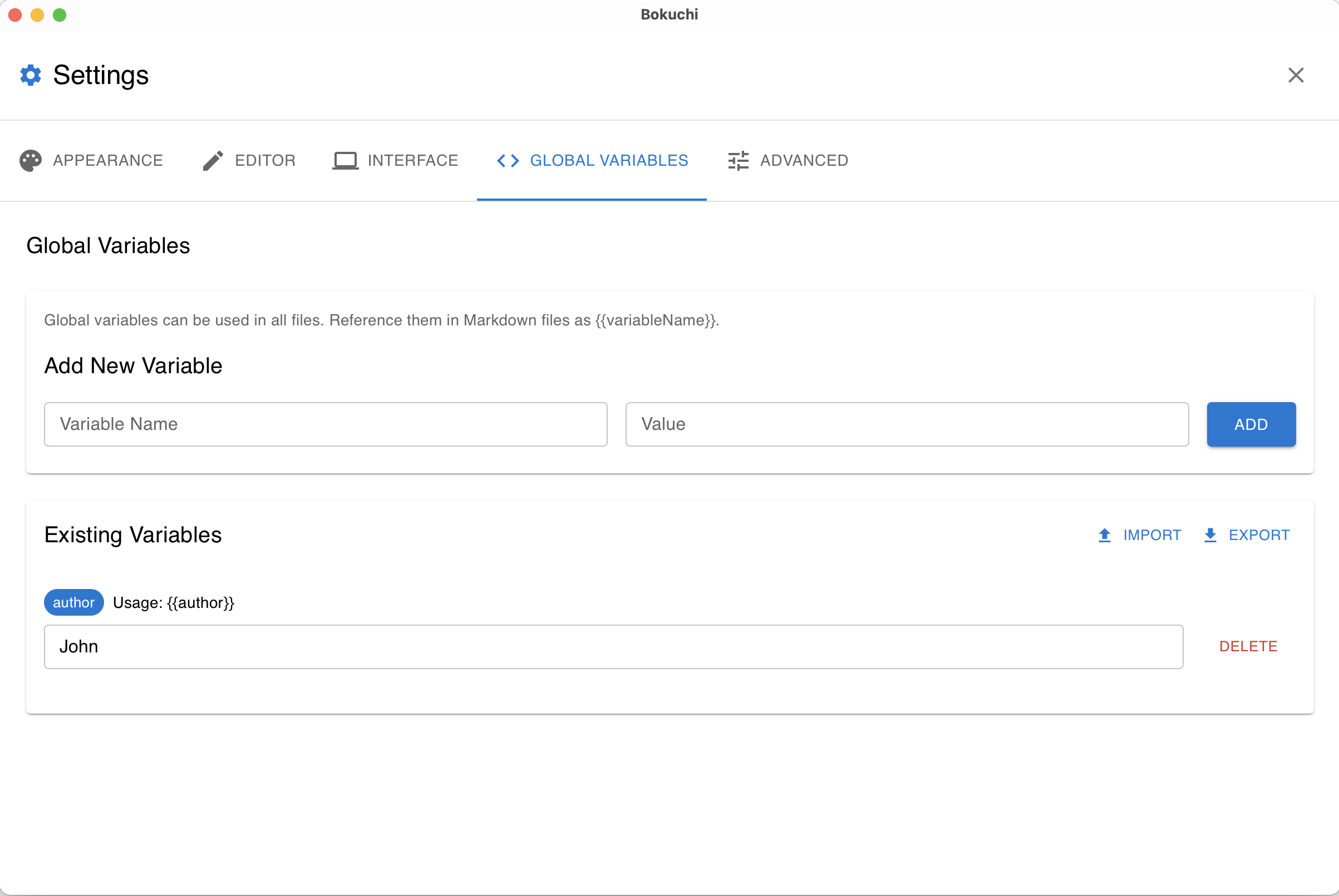 Settings panel showing the Global Variables tab
